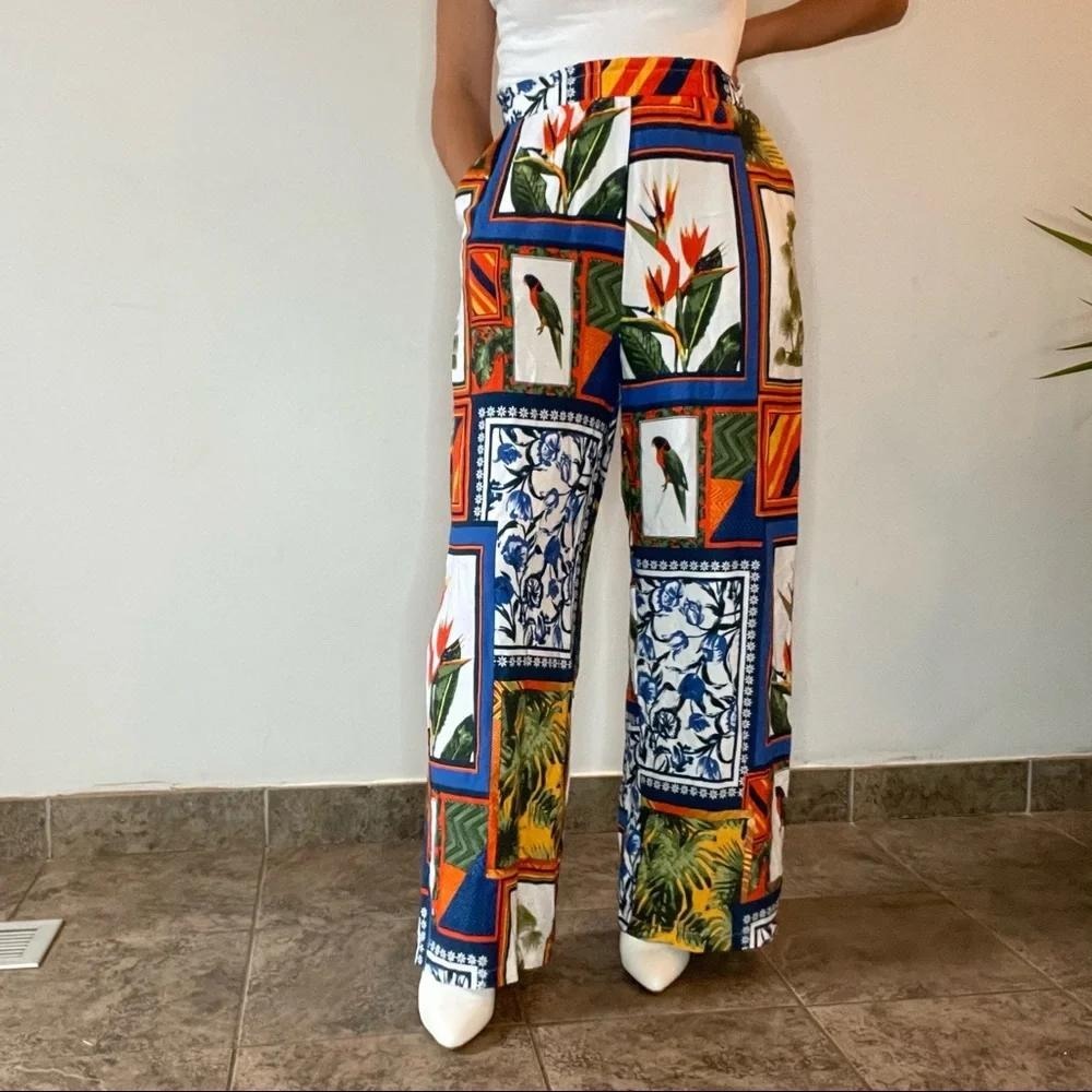 CROSBY Cartolina Print Wide Leg Cropped Pants Multicolor Tropical Parrot Small